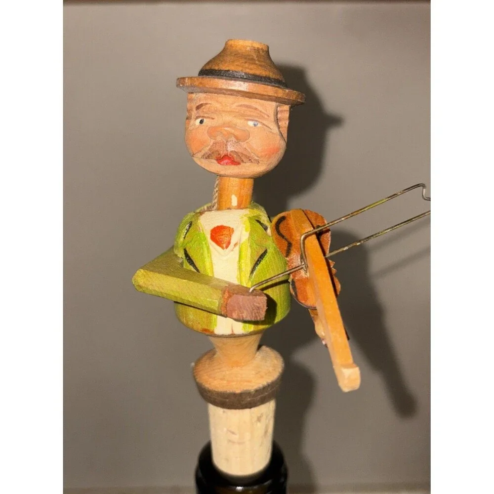 Vintage ANRI carved wooden folk art bottle stopper Mechanical Violin Player